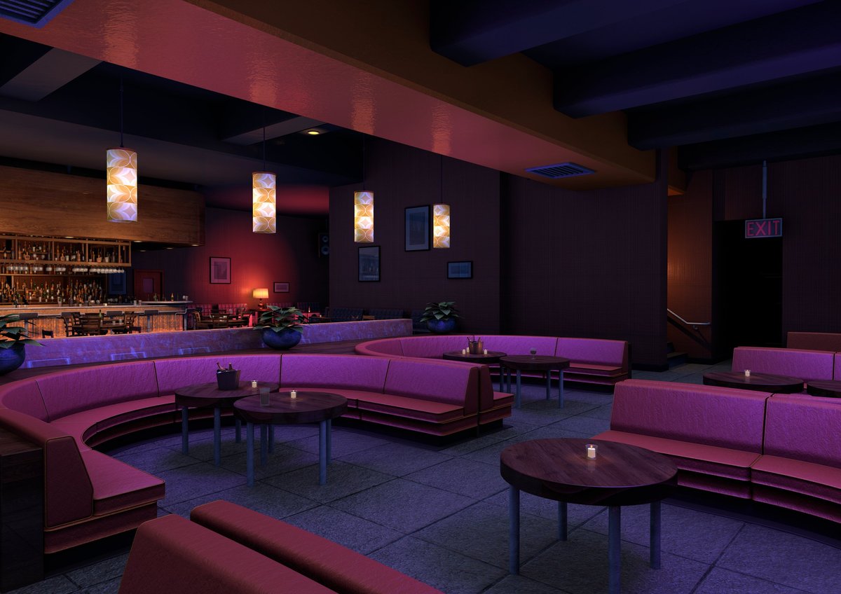 Rincón de salón nocturno con luz violeta