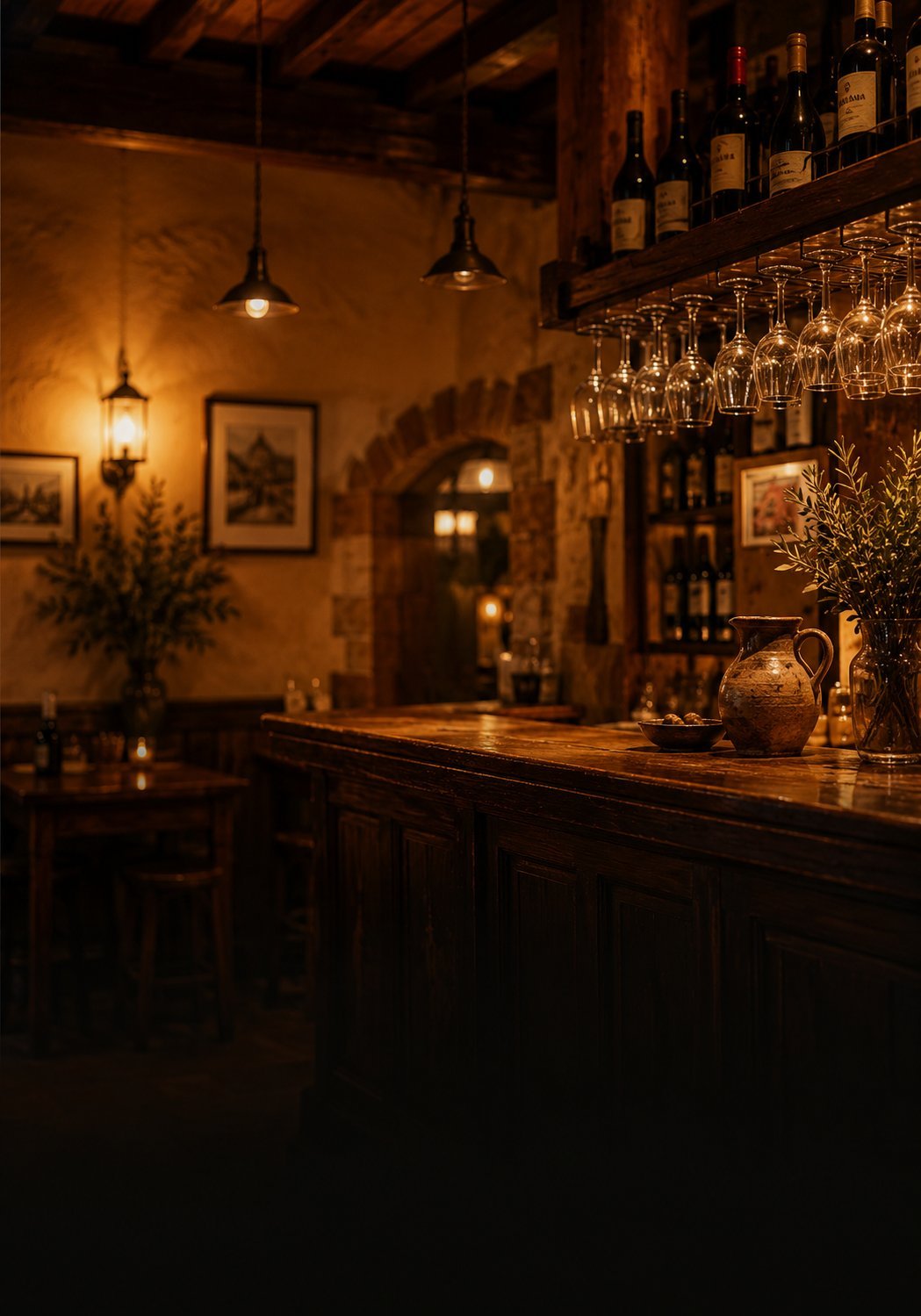 Warm-lit upscale taberna interior with wooden counter, hanging wine glasses, pendant lights and rustic decor