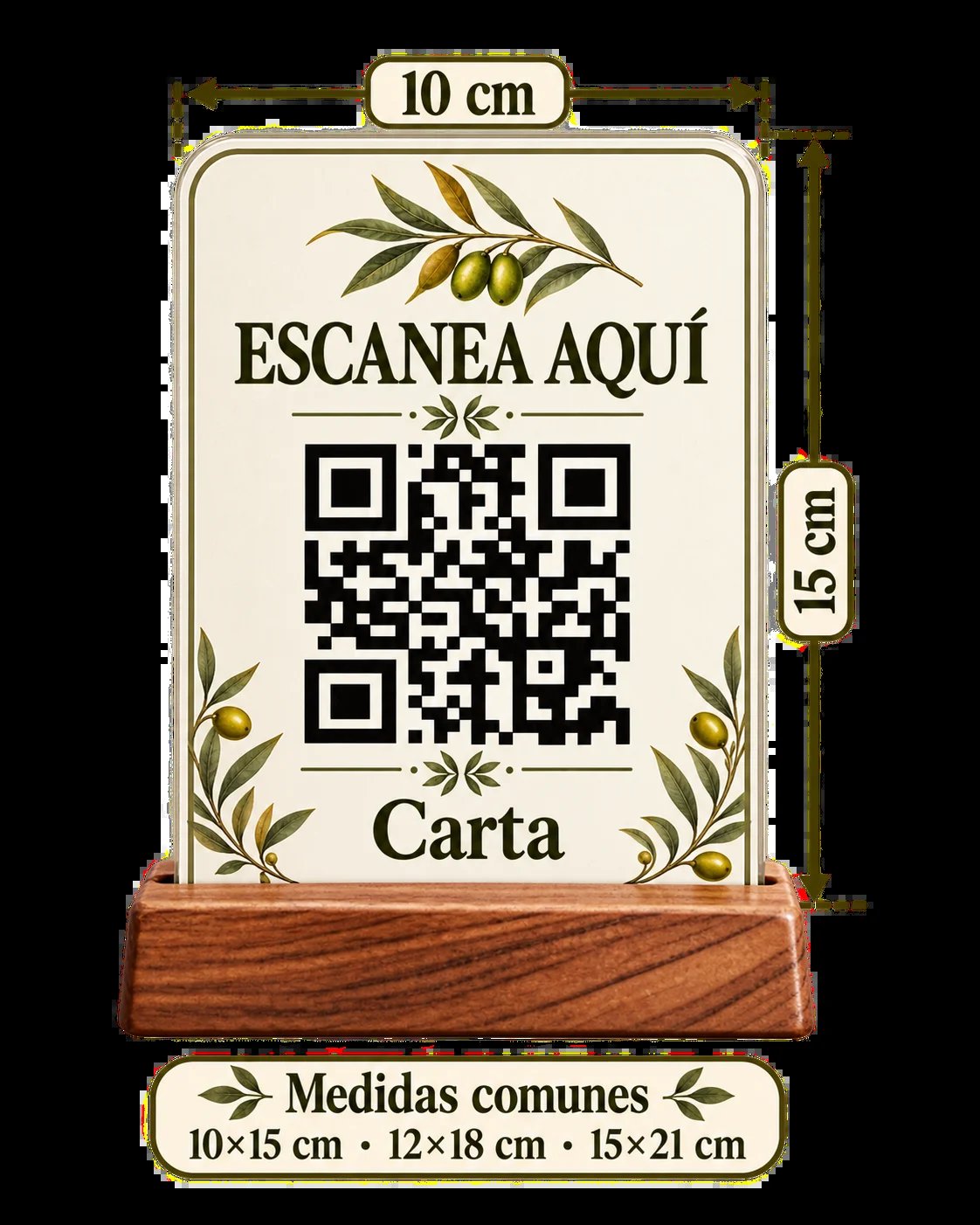 Soporte de mesa de metacrilato de 10x15 cm con base de madera, código QR, decoración de rama de olivo y el texto Escanea aquí y Carta
