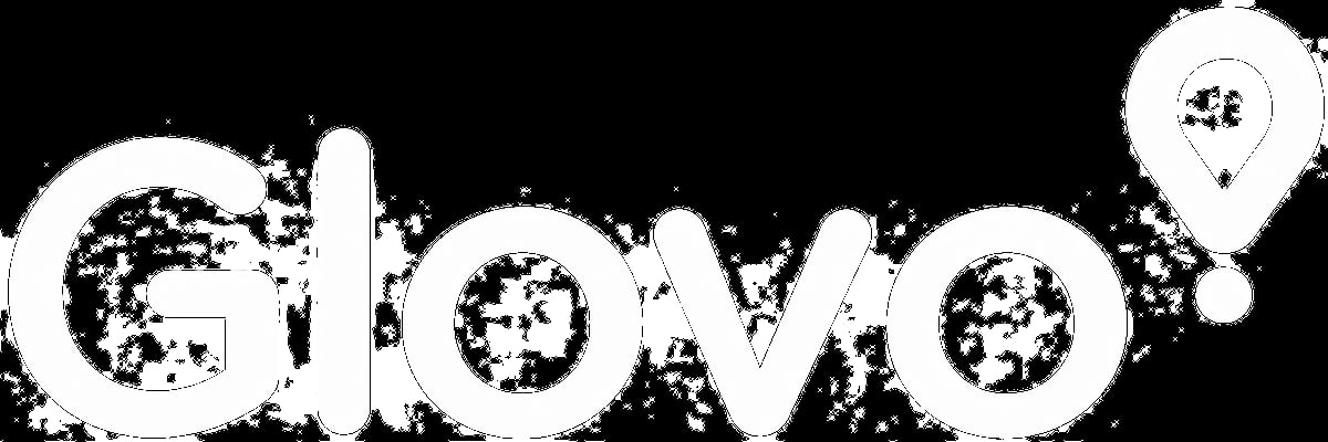 Glovo logo with world map pattern and location pin icon in white on black background