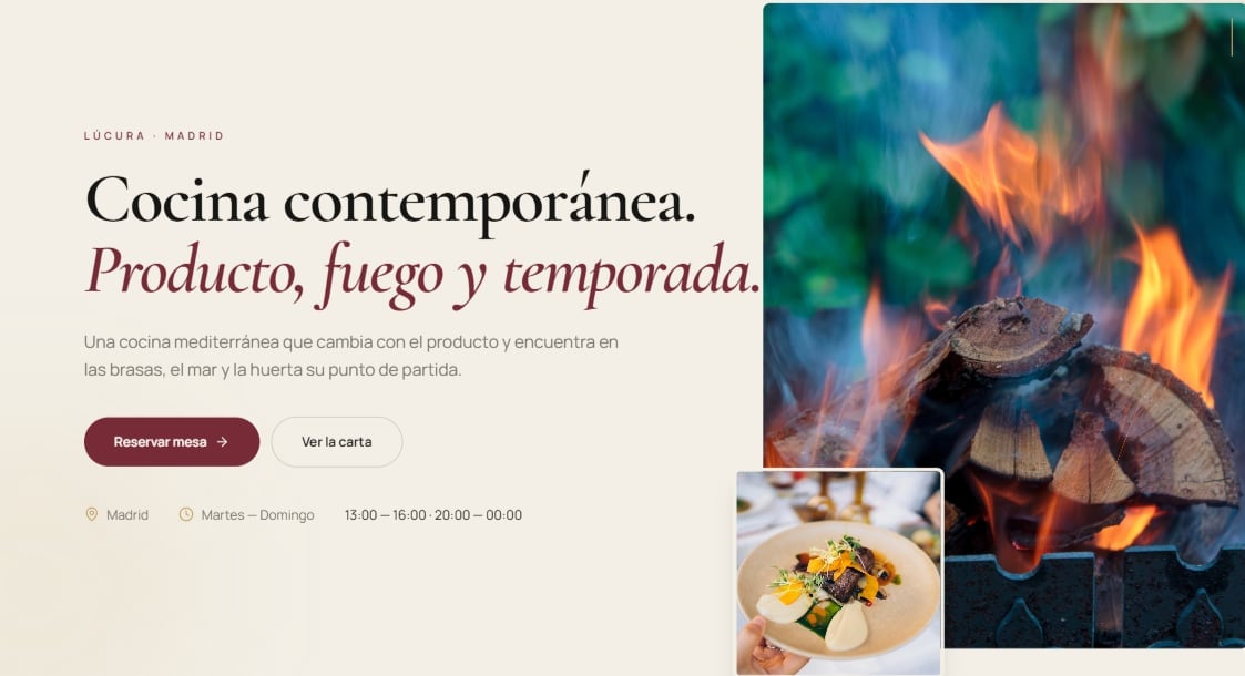 Web de restaurante de cocina contemporánea con brasas, fuego y plato emplatado