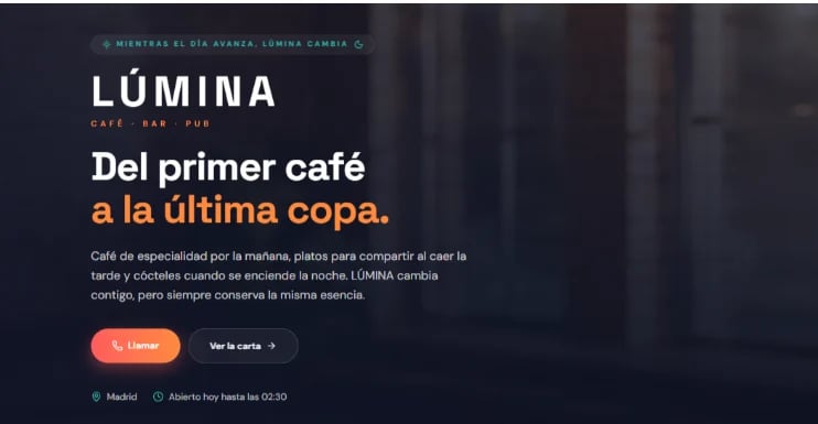 Web de LÚMINA, cafetería bar pub en Madrid con tagline Del primer café a la última copa