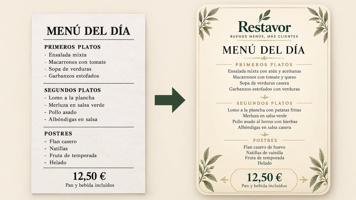 Digital restaurant menu with dishes, descriptions and prices