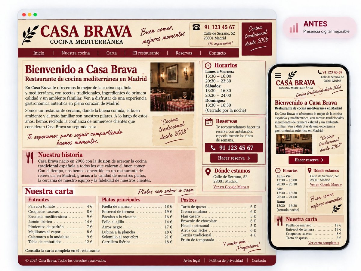 Ejemplo de web clásica para una taberna: carta, horarios y reservas en una estructura antigua.