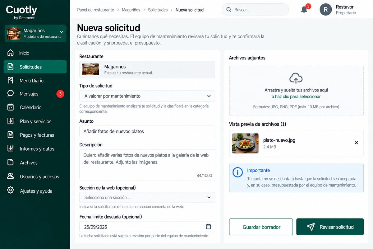 Pantalla de solicitudes de Cuotly: formulario en español para enviar una nueva solicitud al equipo de mantenimiento, con el menú de navegación a la izquierda