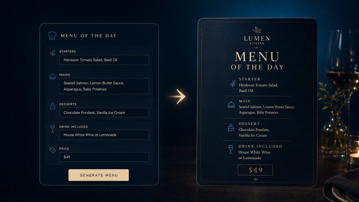 Restaurant menu interface showing daily offerings with starter, main, and dessert options, price of $49, and generate menu button