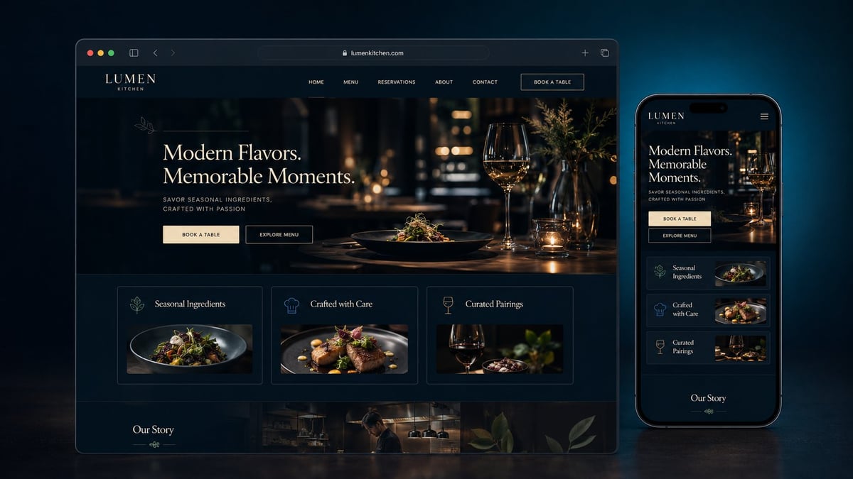 Elegant restaurant website design displayed on desktop and mobile screens with dark theme, featuring upscale dining imagery and tagline about modern flavors.