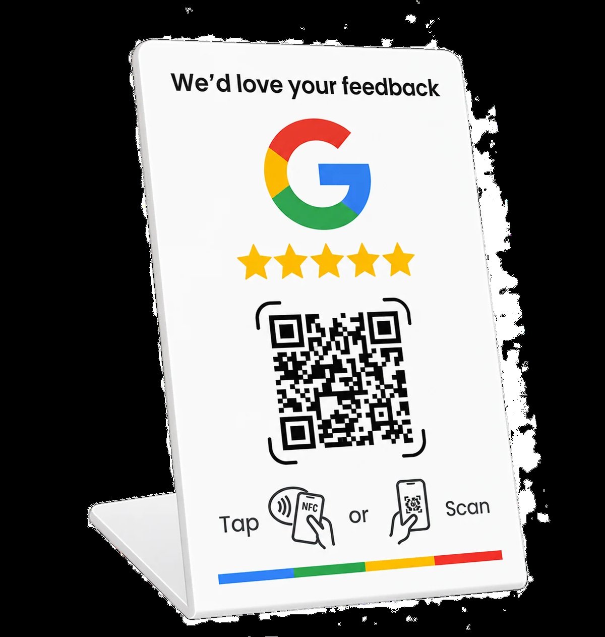 Soporte de mesa de doble cara con el texto We'd love your feedback, el logotipo de Google, cinco estrellas, un código QR y las opciones Tap o Scan