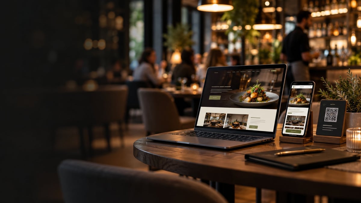 Ordenador y móvil mostrando la web de un restaurante sobre una mesa de madera en el interior de un restaurante