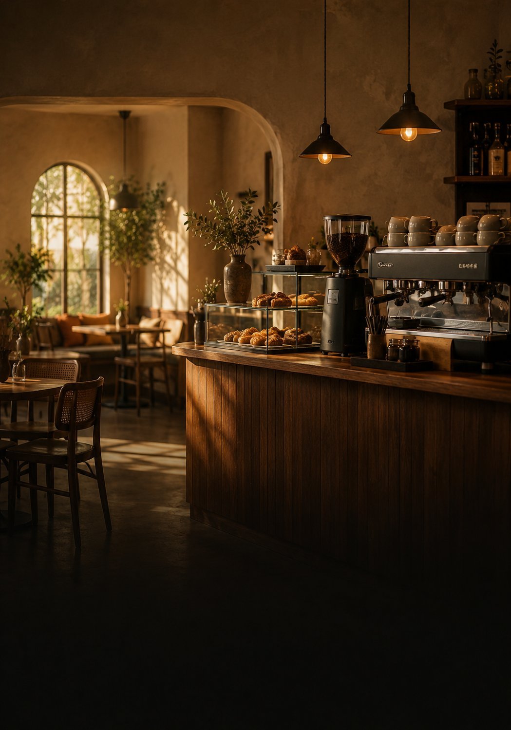 Warm rustic cafe interior with wooden counter, pendant lights, coffee equipment, pastries and an arched window with natural light