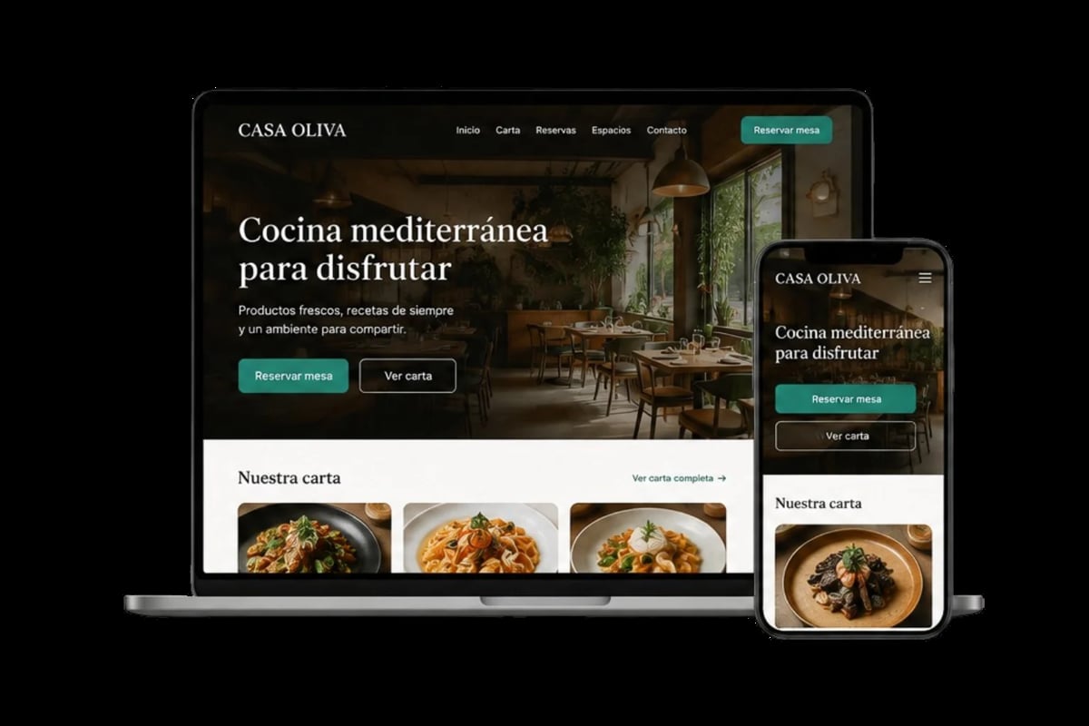 Casa Oliva - sitio web del restaurante en versión escritorio y móvil mostrando carta mediterránea y botón de reservar mesa