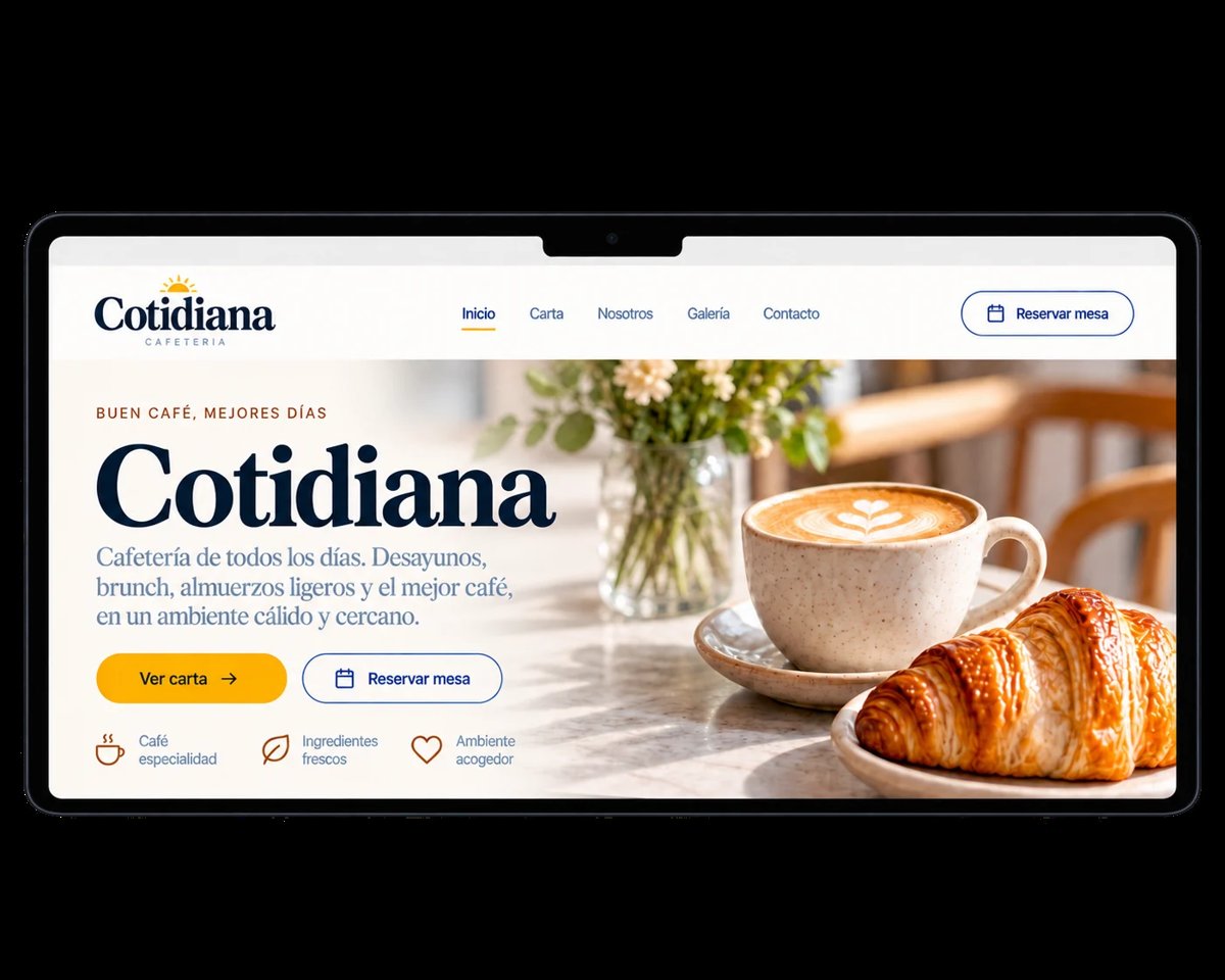 Página de inicio del sitio web de Cotidiana Cafetería: café con leche y cruasán, con menú de navegación y botón de reservar mesa
