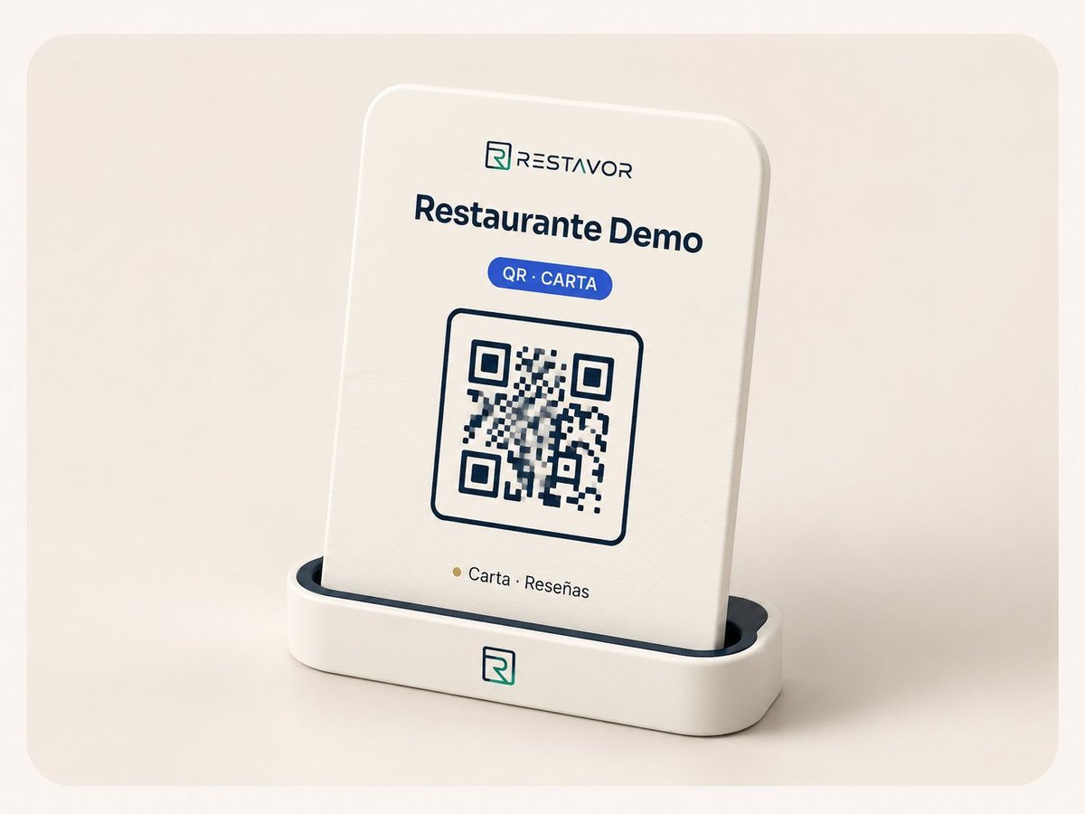 White table stand displaying QR code for Restaurante Demo menu access via ReswHor app