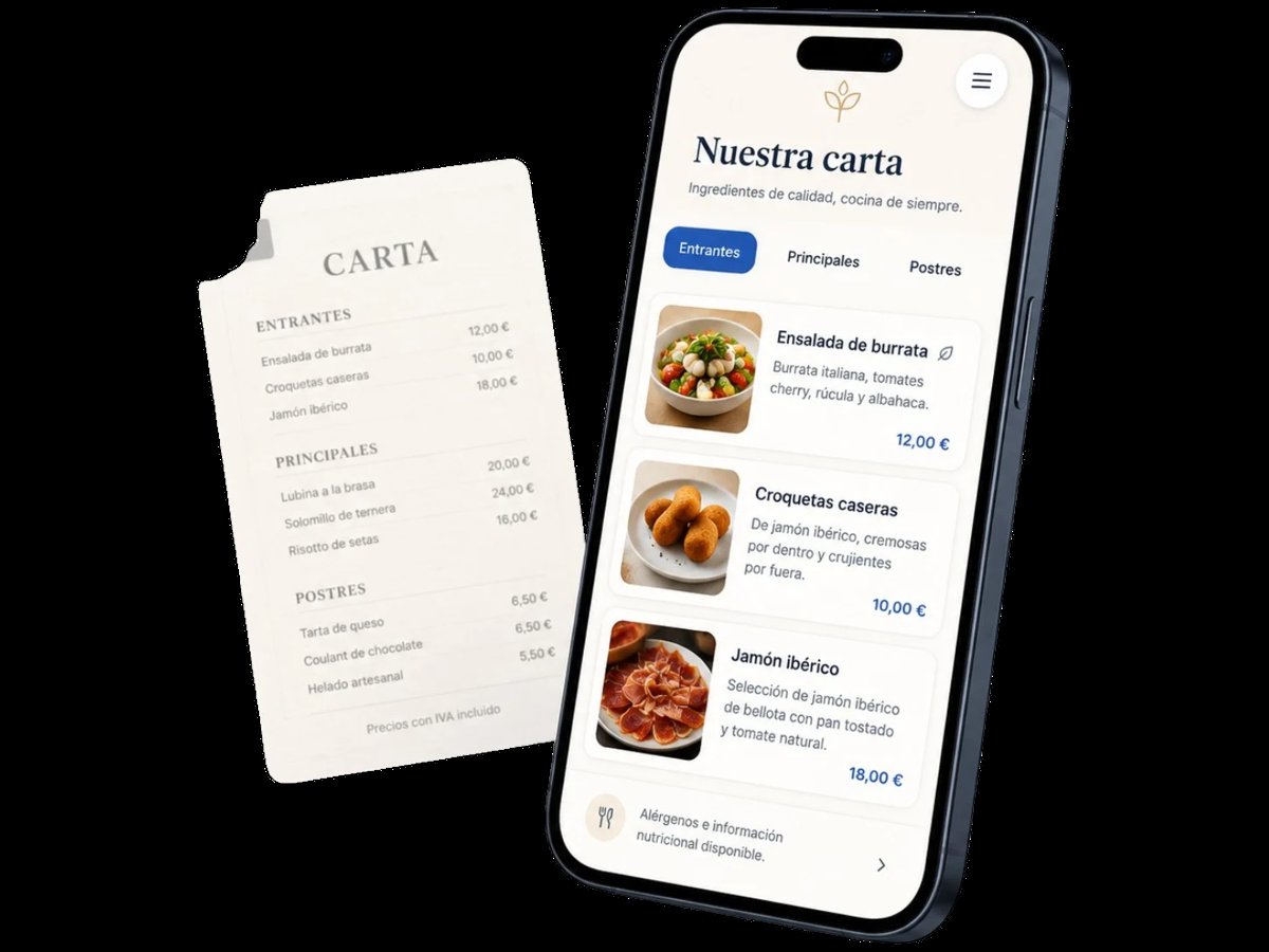 Smartphone displaying a Spanish restaurant menu app next to a printed paper menu card showing menu items and prices