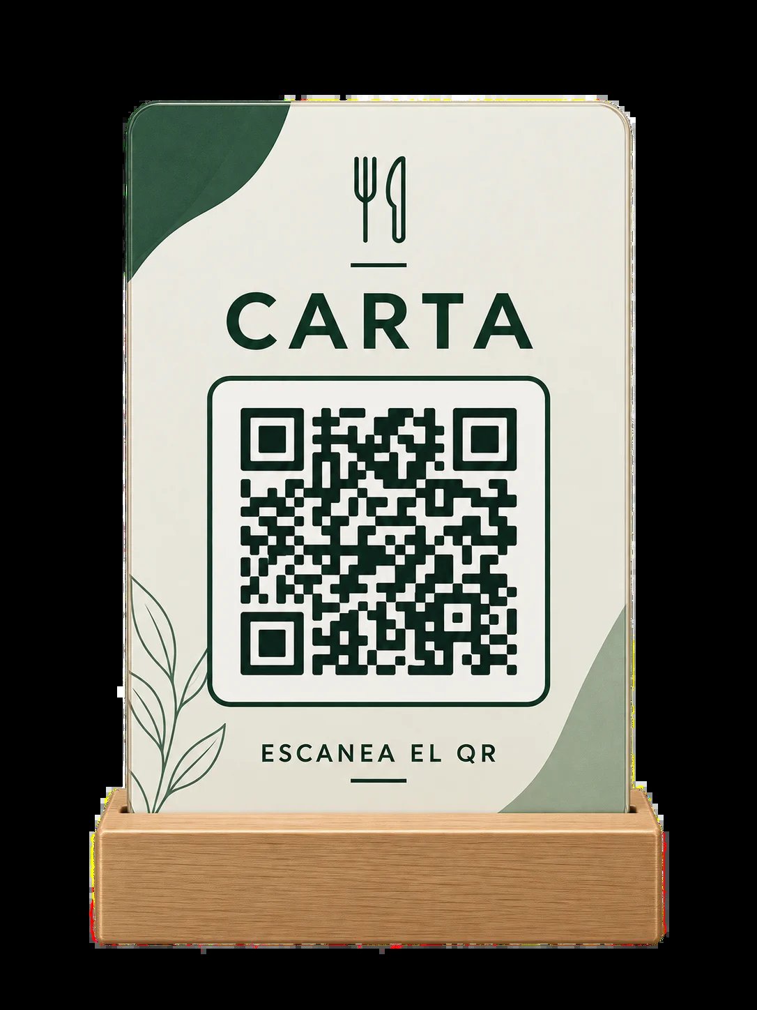 Soporte de mesa de madera con la carta digital, el código QR y el texto Escanea el QR para acceder a la carta