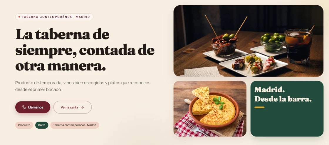 Web de taberna contemporánea en Madrid con fotografías de tapas, cócteles y platos