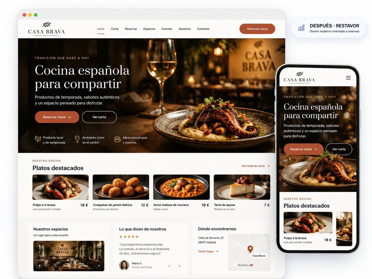 El mismo ejemplo rediseñado por Restavor: diseño moderno, visual y orientado a reservas.