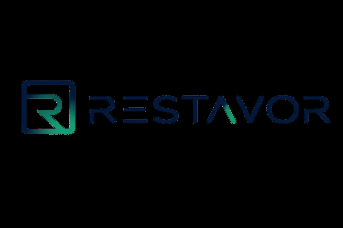 Restavor logo with blue geometric icon and company name in dark blue text