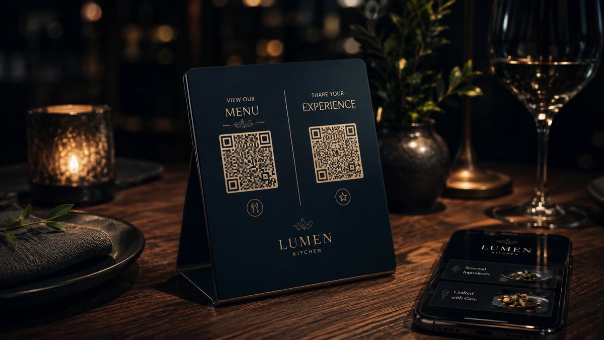 Black restaurant table tent with QR codes for menu and experience at Lumen kitchen, with candlelight and wine glass in background