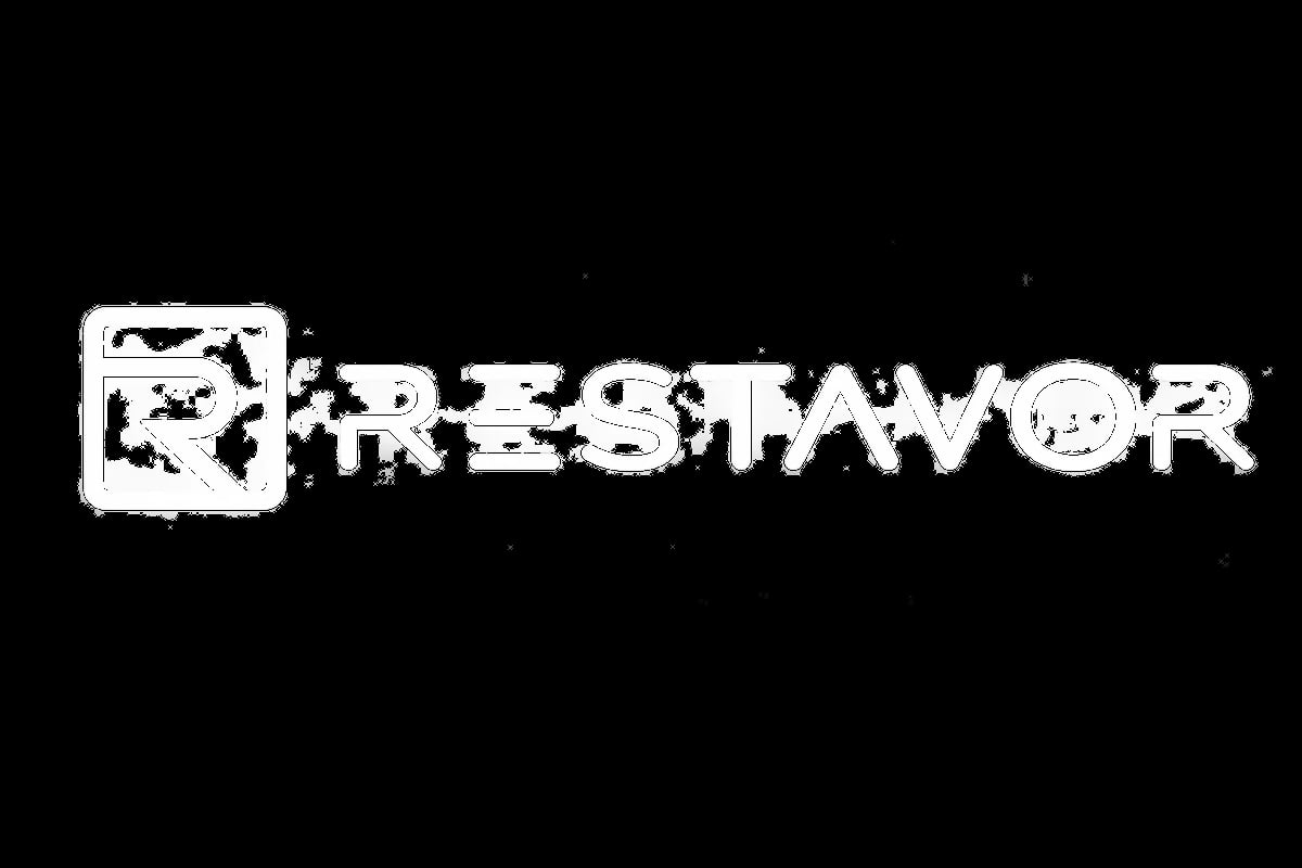 Restavor logo with stylized white text and icon on black background