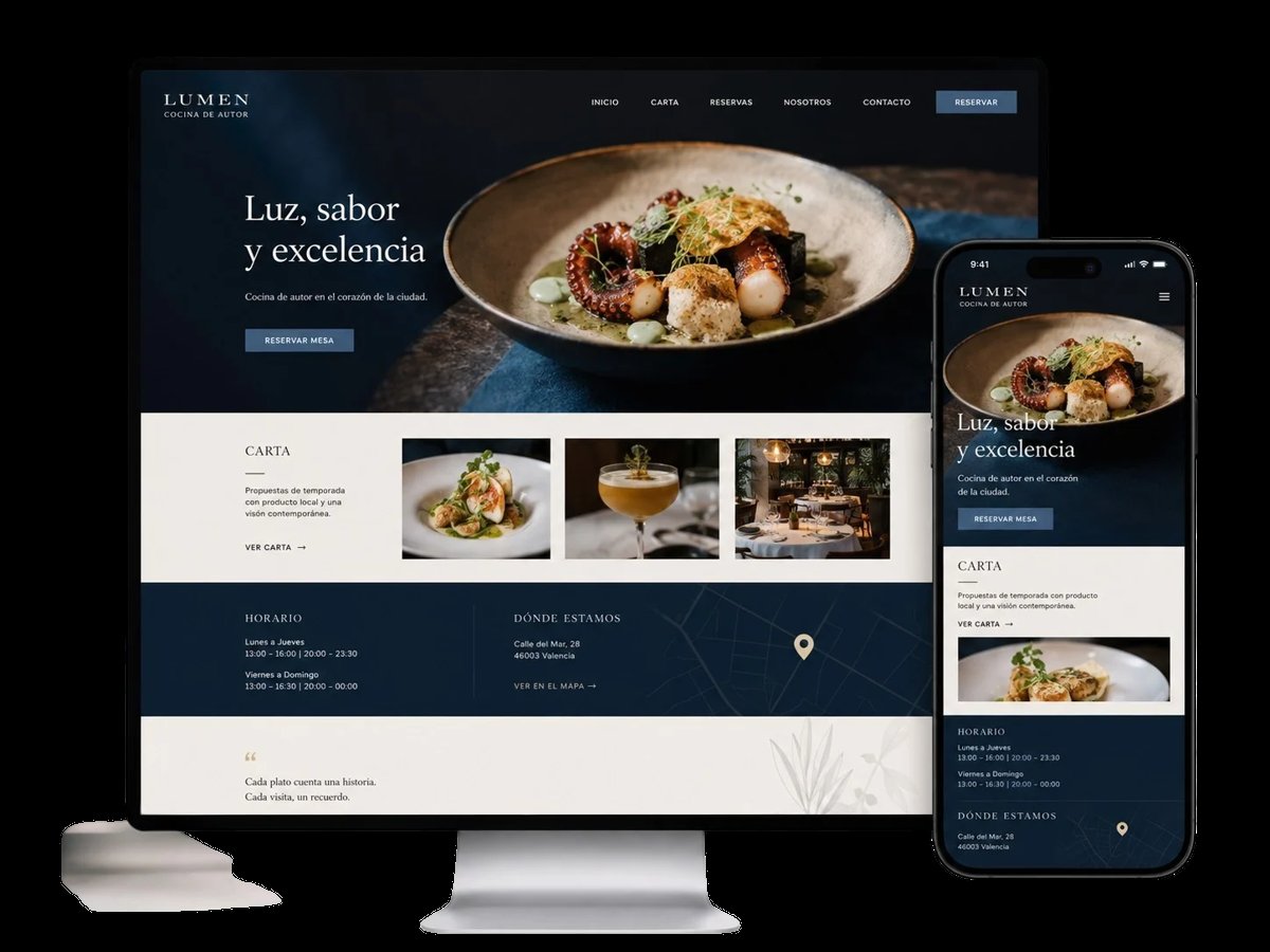 Restaurant website design mockup showing elegant plated dish on desktop monitor and mobile phone with Spanish tagline