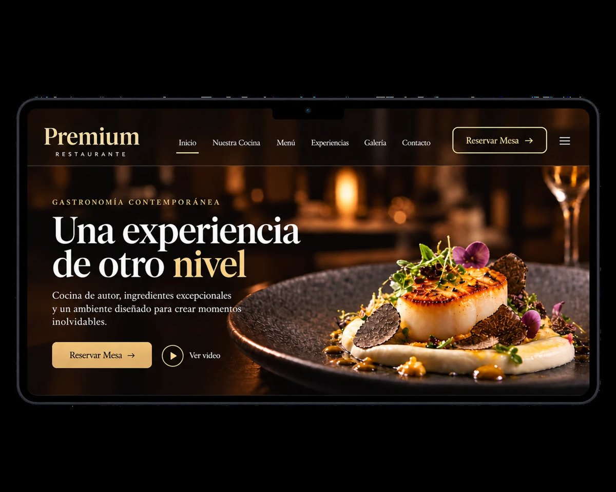 Página de inicio del sitio web del restaurante Premium: plato de vieira con guarnición sobre fondo oscuro e iluminación cálida