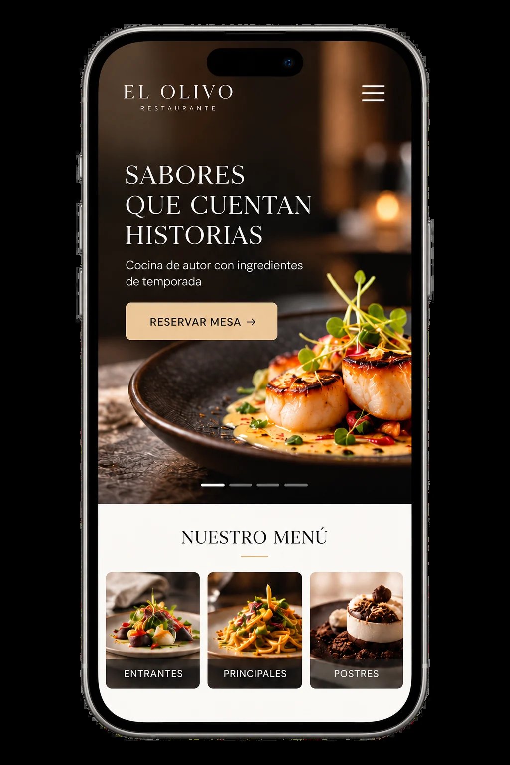 El Olivo restaurant mobile website displaying Spanish cuisine, reservation button, and menu categories for appetizers, main courses, and desserts
