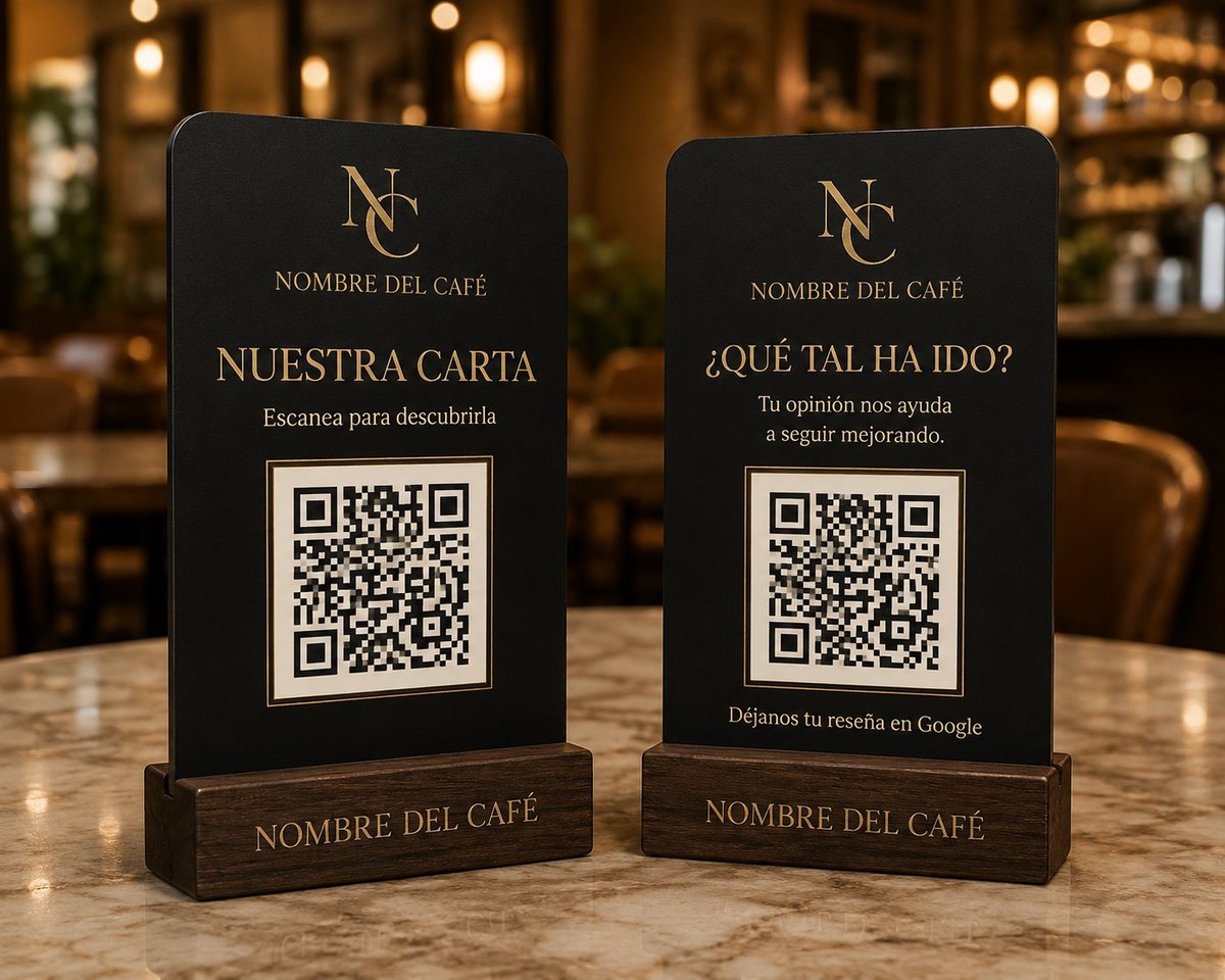 Two black cafe table tents with QR codes and wooden bases displaying Spanish menu and feedback options